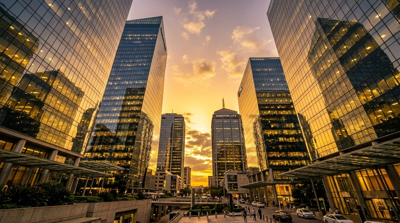 Modern glass skyscrapers at sunset representing Matiwane Diplomatic Consulting